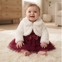 J16504NB: Baby Girls Satin & Tulle Dress, Knickers & Faux Fur Bolero (0-9 Months)